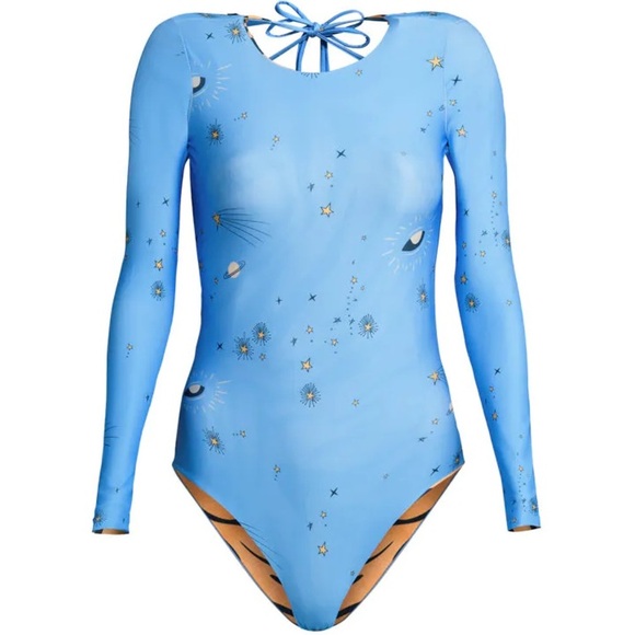 NWT MOLA MOLA Astral Tiger Surf Teen Swimsuit Blue Celestial Tie Long Sleeve - Picture 3 of 10